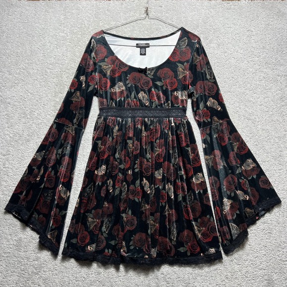 Thorn & Fable Dresses & Skirts - Thorn & Fable Dress Womens SM Velvet Bell Sleeve Mini Dress Rose Butterfly Print